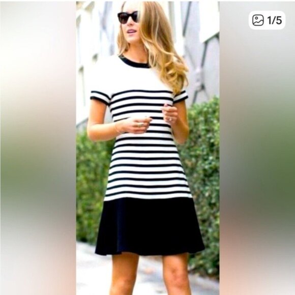 Kate Spade drop waist Scuba dress XXS black ivory stripe fit & flare - Picture 3 of 11